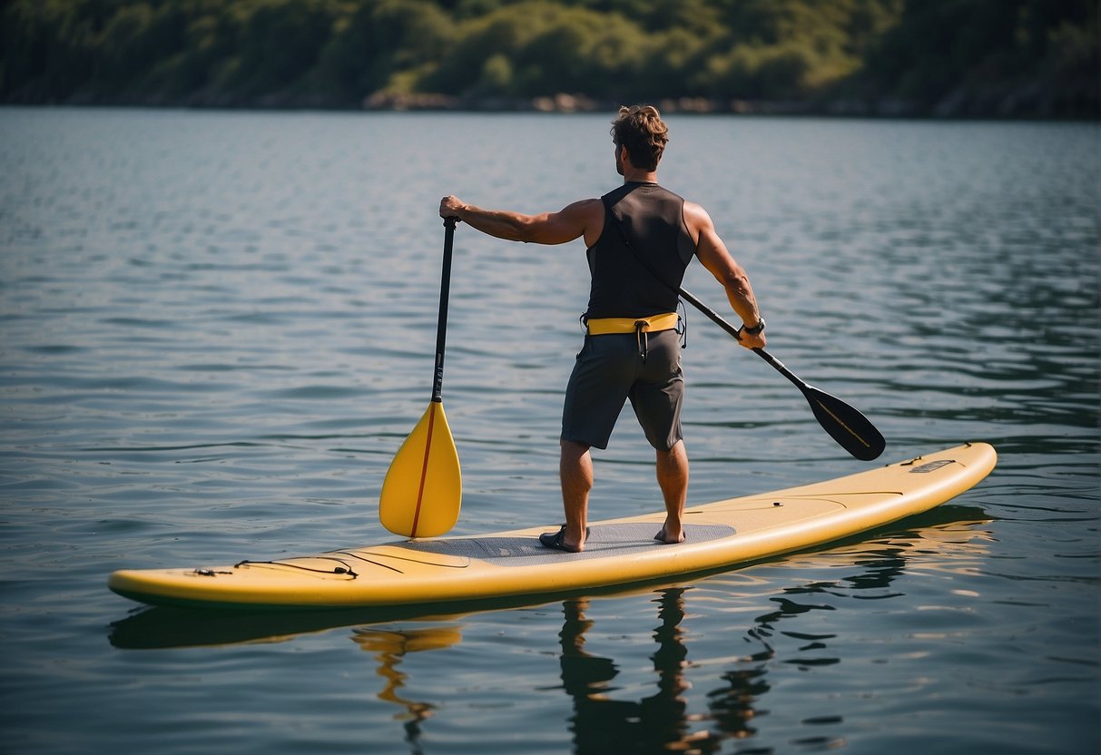 A sturdy paddle board on calm water with a beginner paddler confidently standing and paddling, demonstrating stability and performance