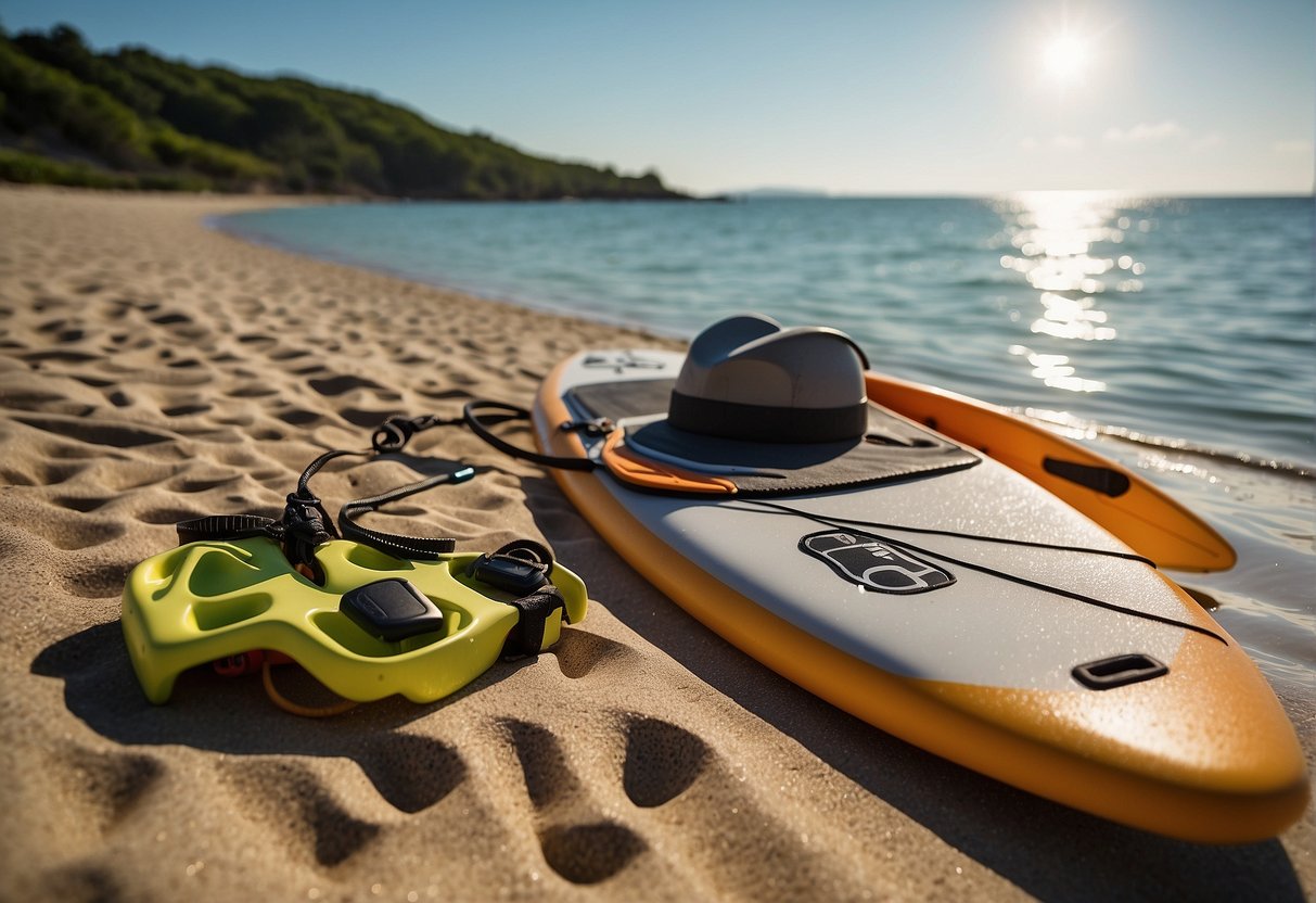 A paddle board, paddle, life jacket, and ankle leash lay on a sandy beach next to calm, clear water. The sun shines overhead, creating a serene and inviting atmosphere for beginners to take up paddle boarding