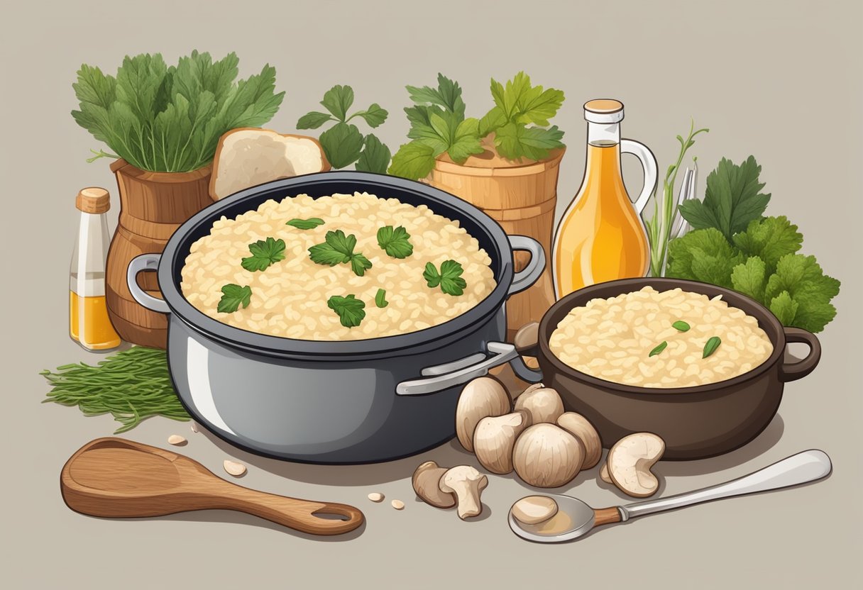 A steaming pot of risotto with porcini mushrooms and craft beer, surrounded by fresh ingredients and cooking utensils