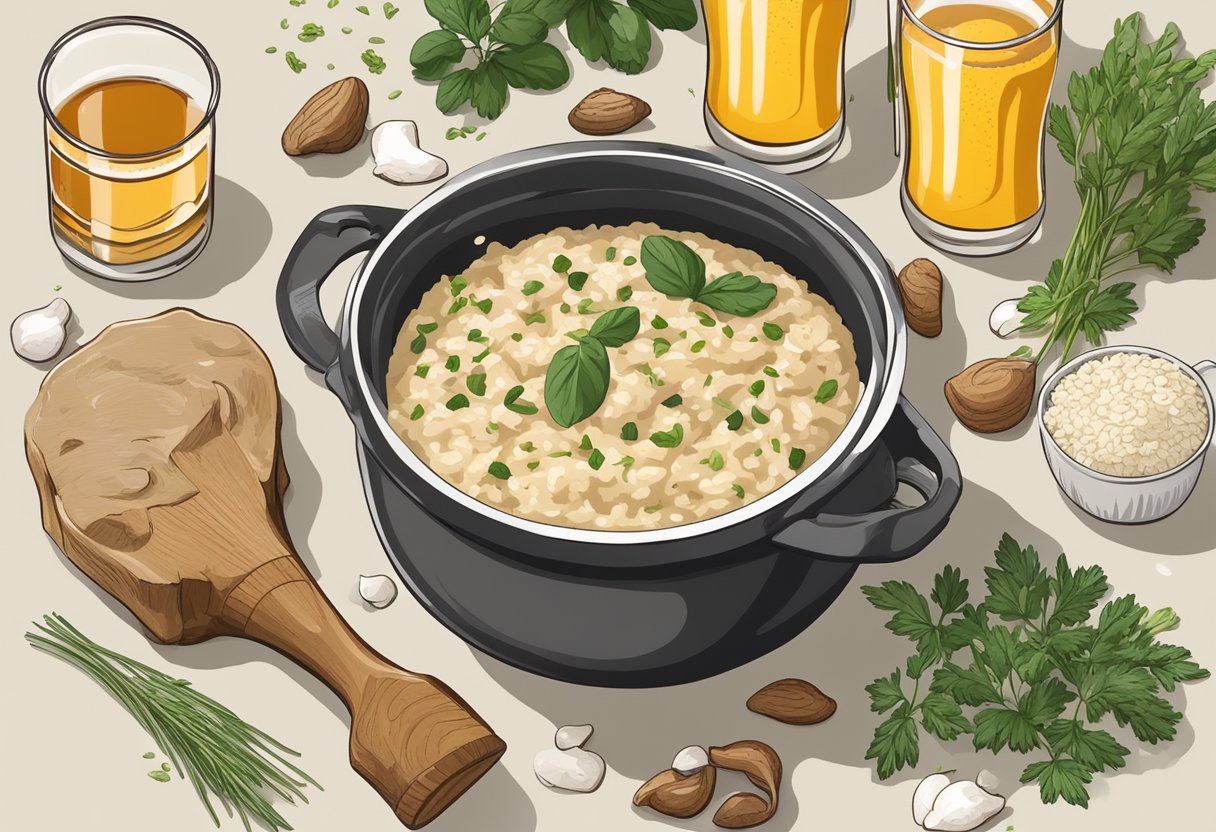 A steaming pot of creamy risotto with craft beer and porcini mushrooms, surrounded by scattered ingredients like arborio rice, herbs, and a bottle of beer