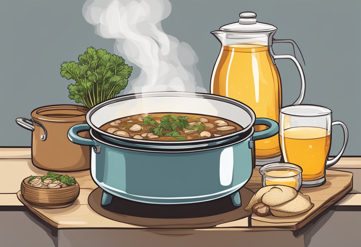 A pot simmers on a stove, filled with beer-infused broth and porcini mushrooms, ready to be used for a risotto dish