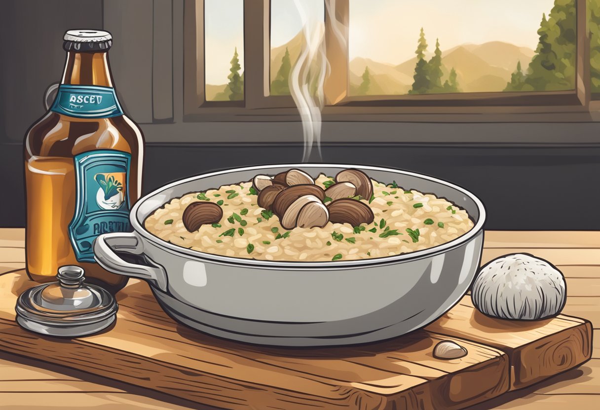A steaming pot of creamy risotto with porcini mushrooms, accompanied by a glass of craft beer