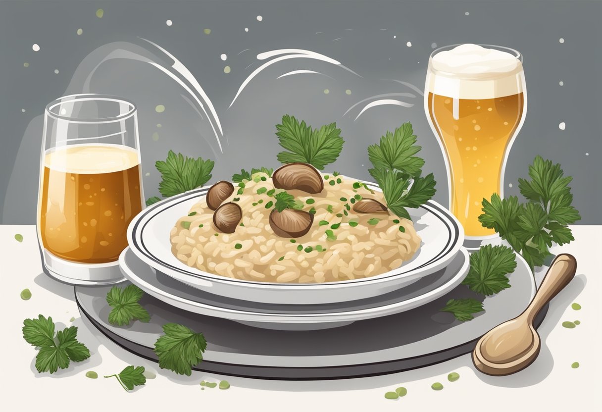 A plate of risotto with craft beer and porcini mushrooms is elegantly presented on a white dish, garnished with fresh herbs and drizzled with a rich, creamy sauce