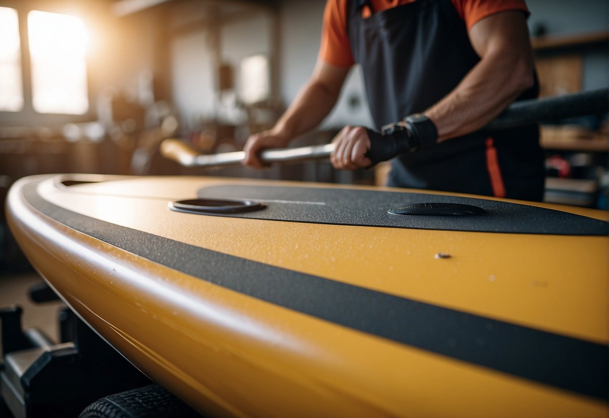 A paddle board with durable, lightweight materials being constructed in a workshop with tools and equipment scattered around