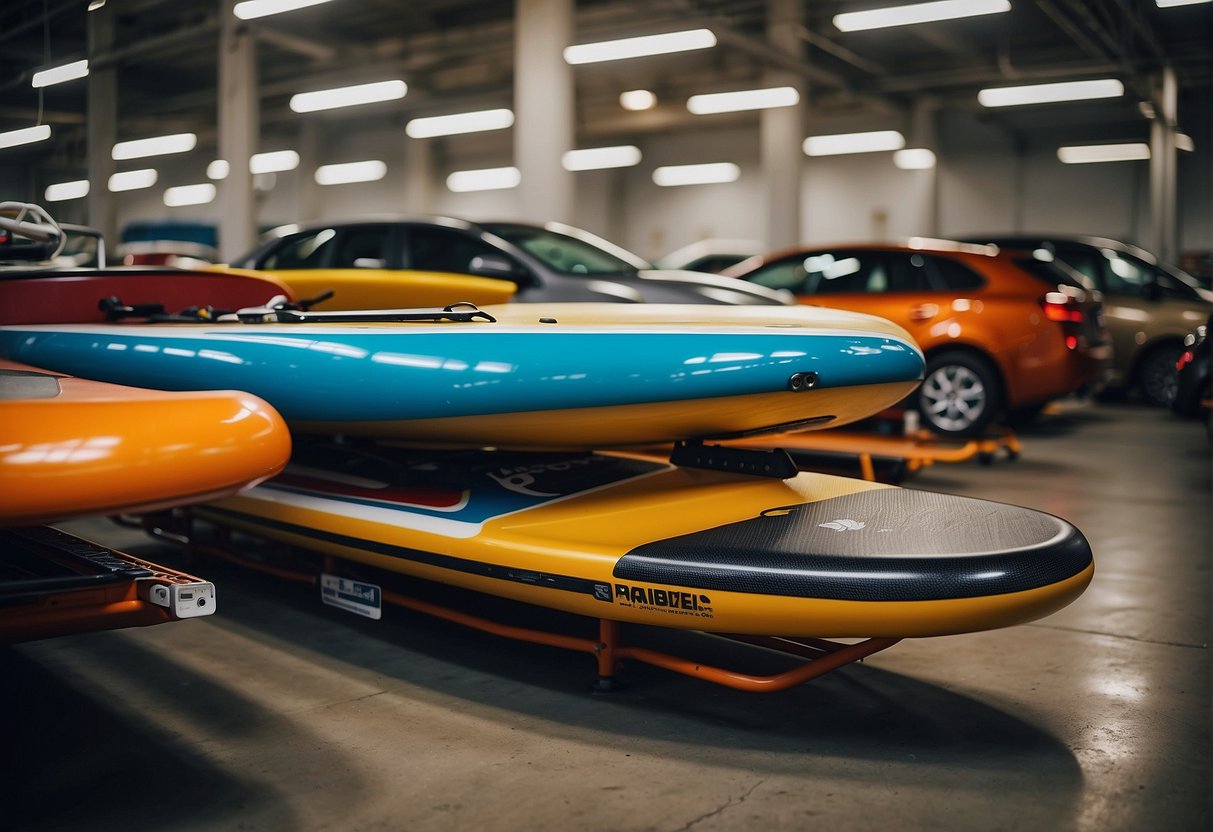 A paddle board rests on a rack in a spacious storage facility, surrounded by various transportation options such as cars and trailers