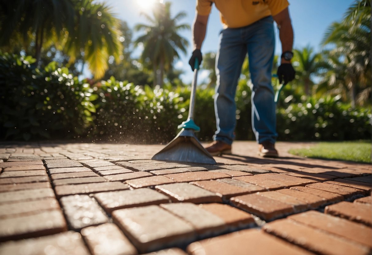 Brick pavers being cleaned and sealed in a sunny Fort Myers backyard, surrounded by lush greenery and a clear blue sky