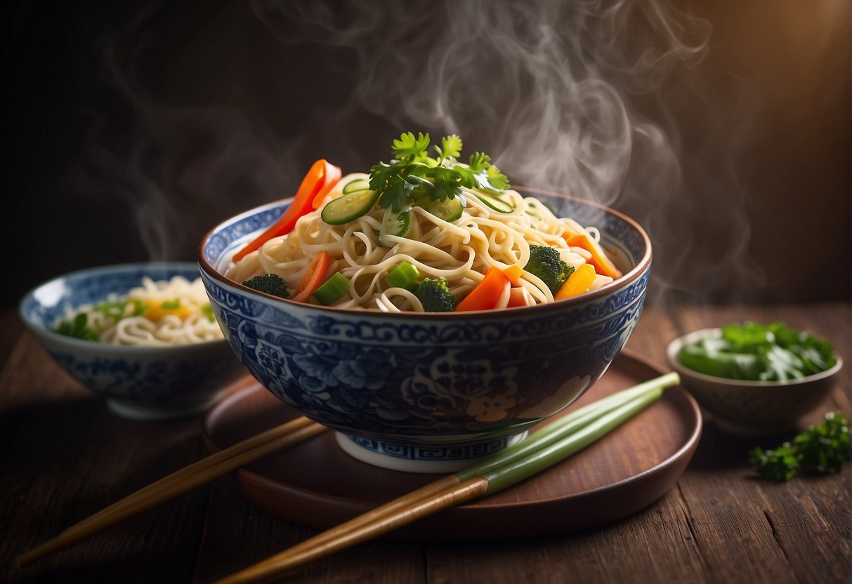 A steaming bowl of Chinese noodles with colorful vegetables and savory sauce, surrounded by chopsticks and a decorative Chinese plate