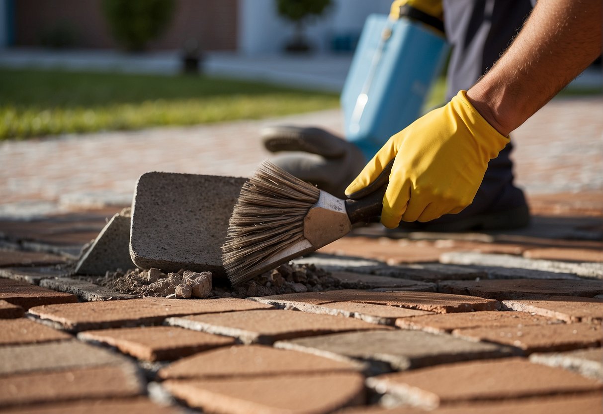 A person sweeps debris from brick pavers in Fort Myers. They gather tools for maintenance. Sand and sealant sit nearby