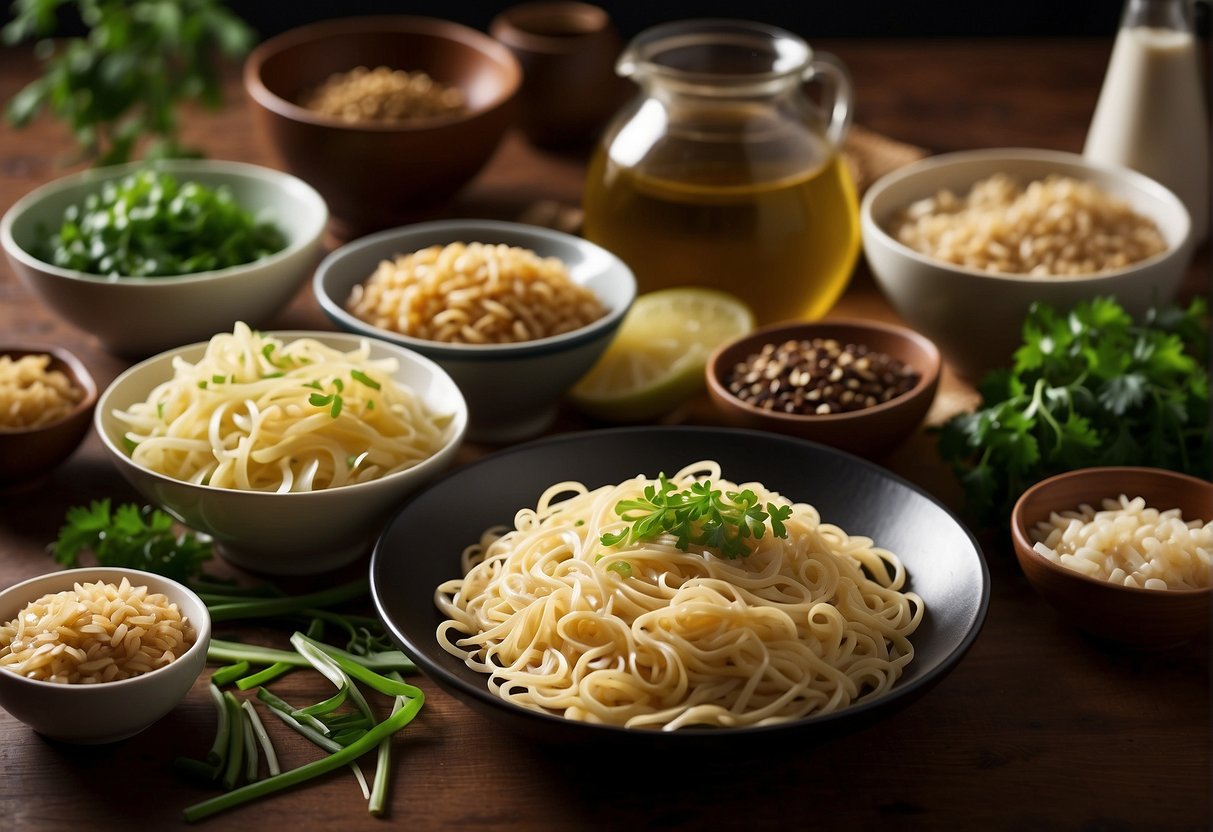 A table with various Chinese noodle ingredients: noodles, soy sauce, sesame oil, garlic, ginger, scallions, and vegetables