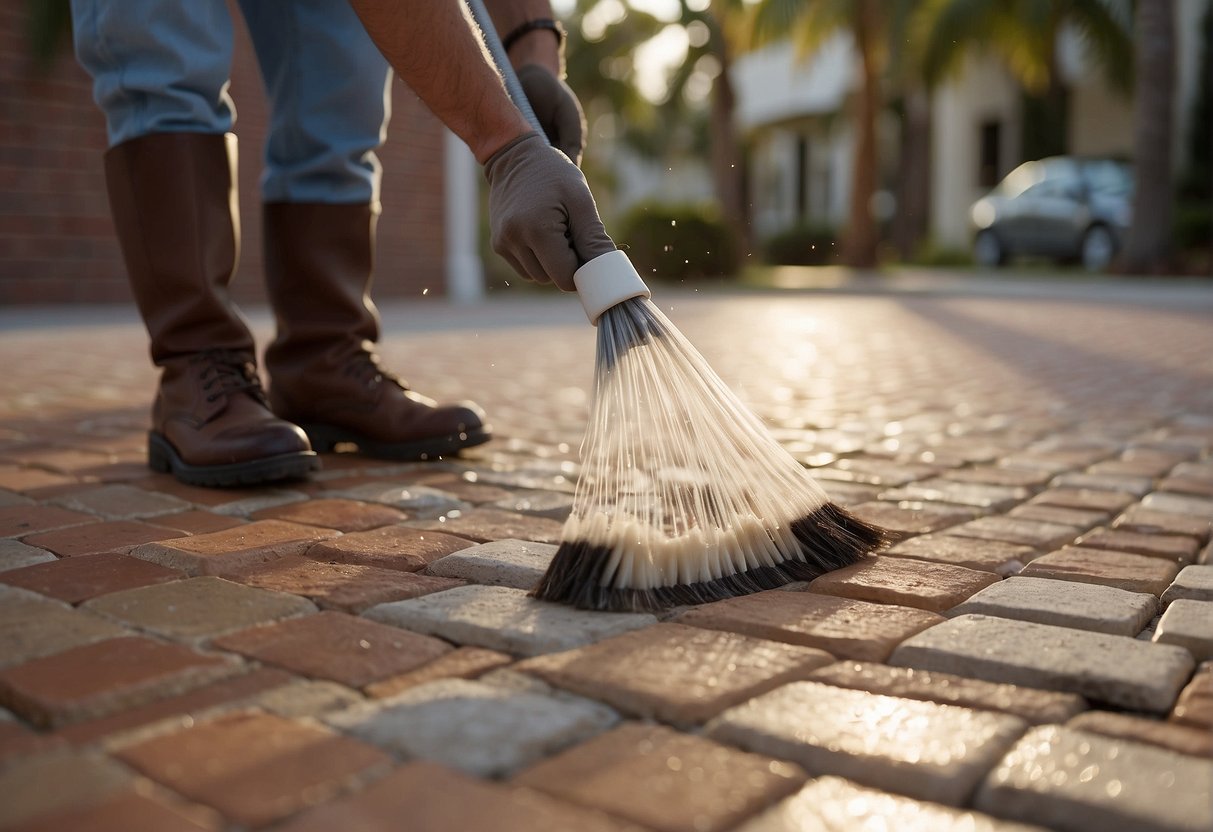 A person sweeps and hoses down brick pavers in Fort Myers, then applies sealant for protection