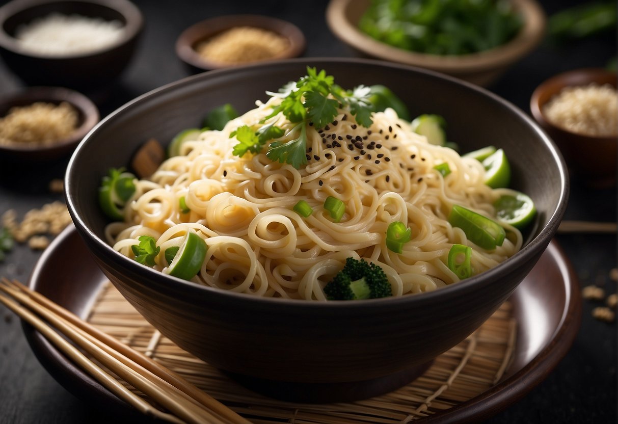 A steaming bowl of classic Chinese noodles with chopsticks resting on the side, surrounded by traditional Chinese ingredients like soy sauce, scallions, and sesame seeds