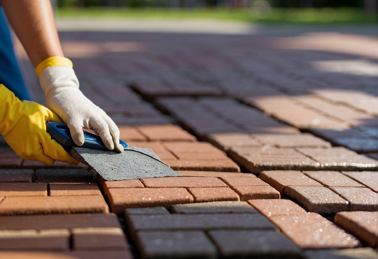 Brick pavers in Fort Myers, Florida, being coated with a protective sealant to enhance durability. Regular maintenance and cleaning tools are nearby
