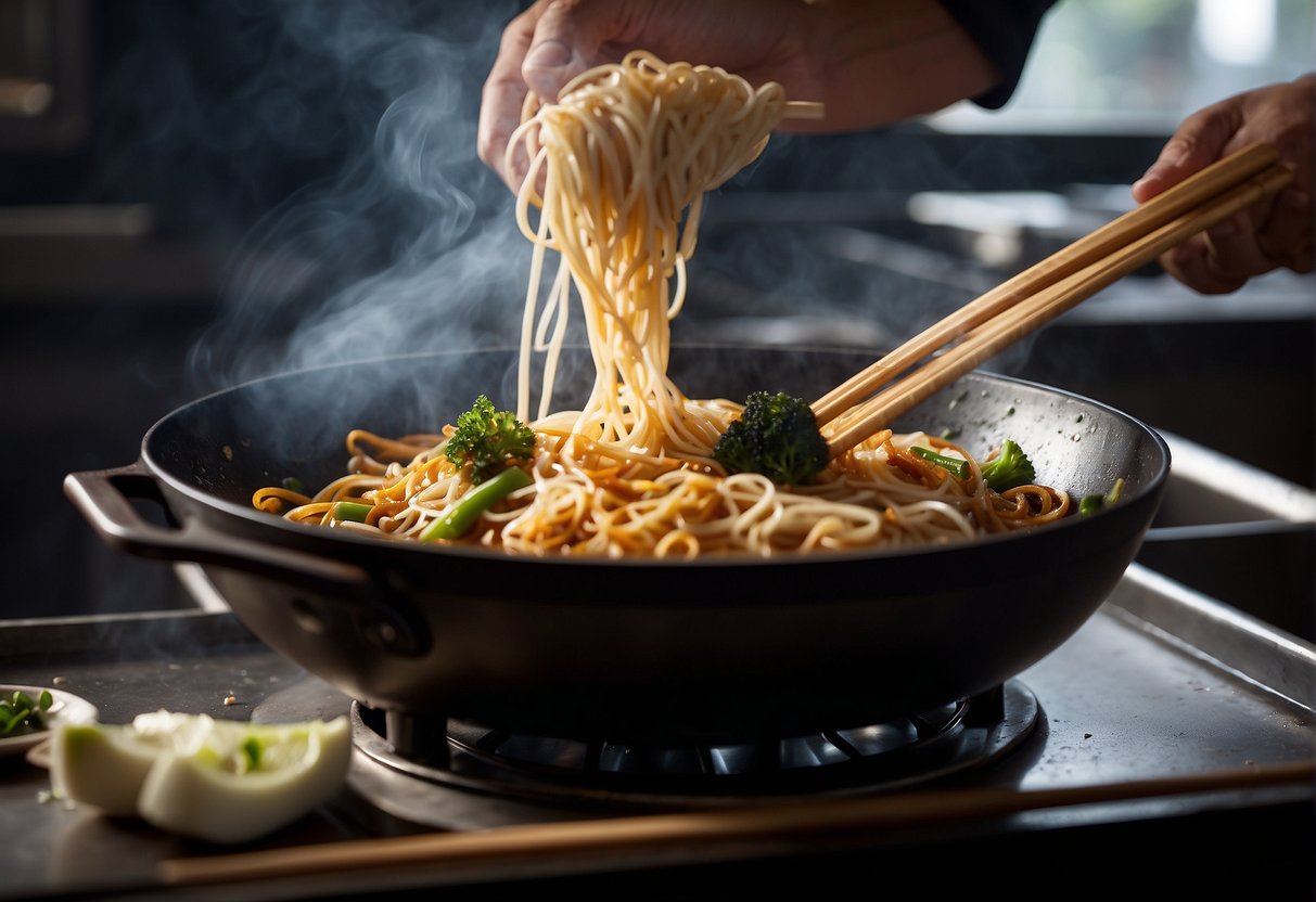 A wok sizzles with stir-fried noodles. A chef adds soy sauce and tosses the noodles with chopsticks. Steam rises from the sizzling dish