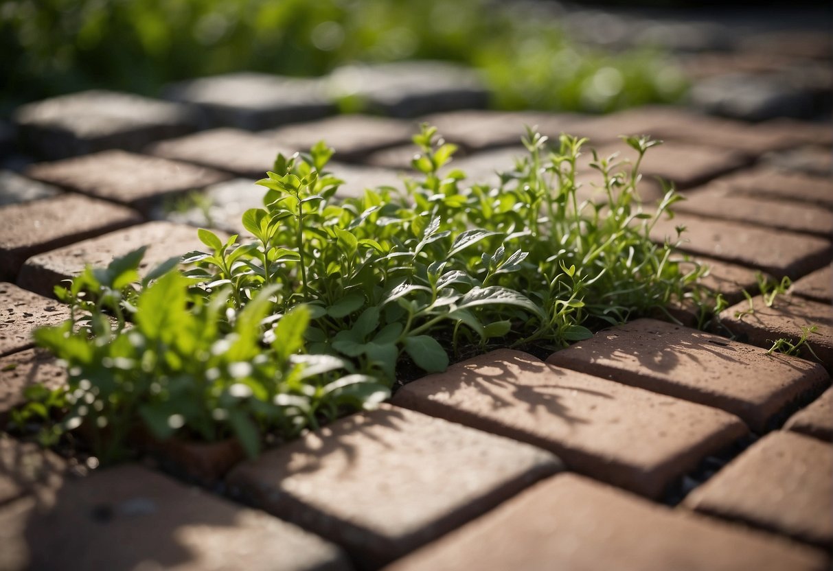 A close-up of damaged brick pavers with weeds growing between the cracks. Surrounding pavers are clean and well-maintained, creating a stark contrast