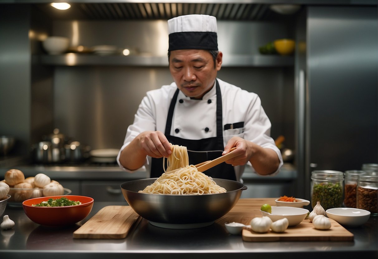 A chef modifies a traditional Chinese noodle recipe, adding gluten-free and low-sodium ingredients. Ingredients and cooking utensils are neatly arranged on a kitchen counter