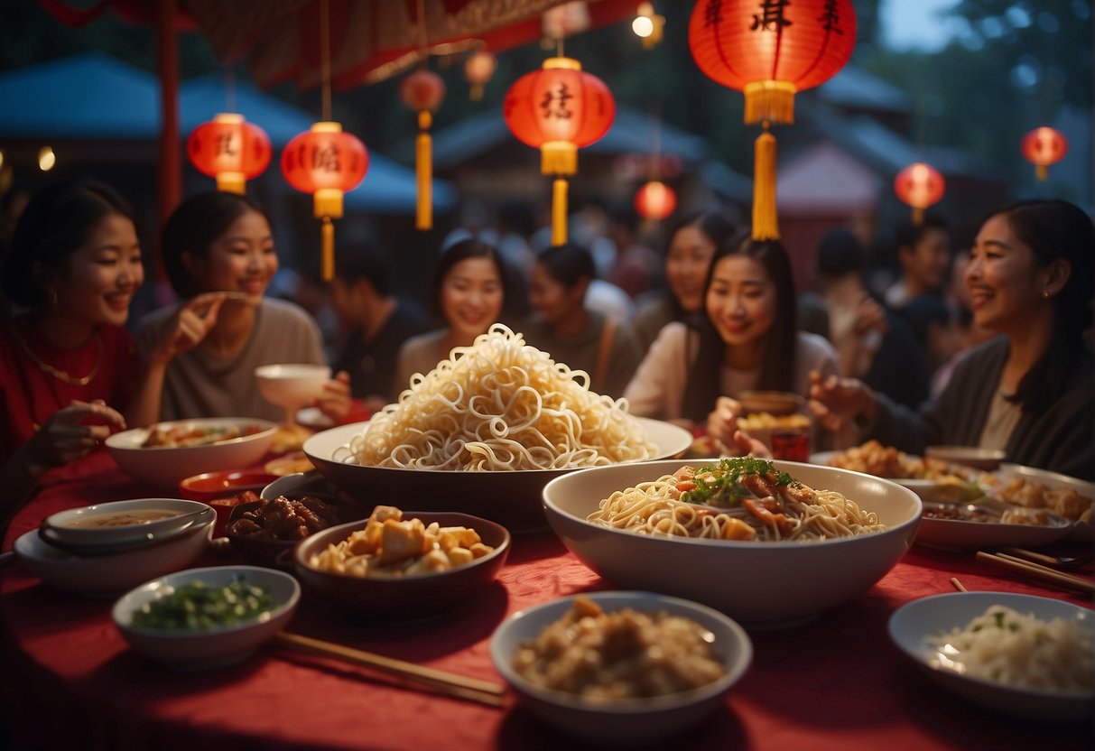 A table spread with various Chinese noodle dishes, surrounded by people smiling and laughing, chopsticks in hand. Red lanterns hang overhead, creating a festive atmosphere