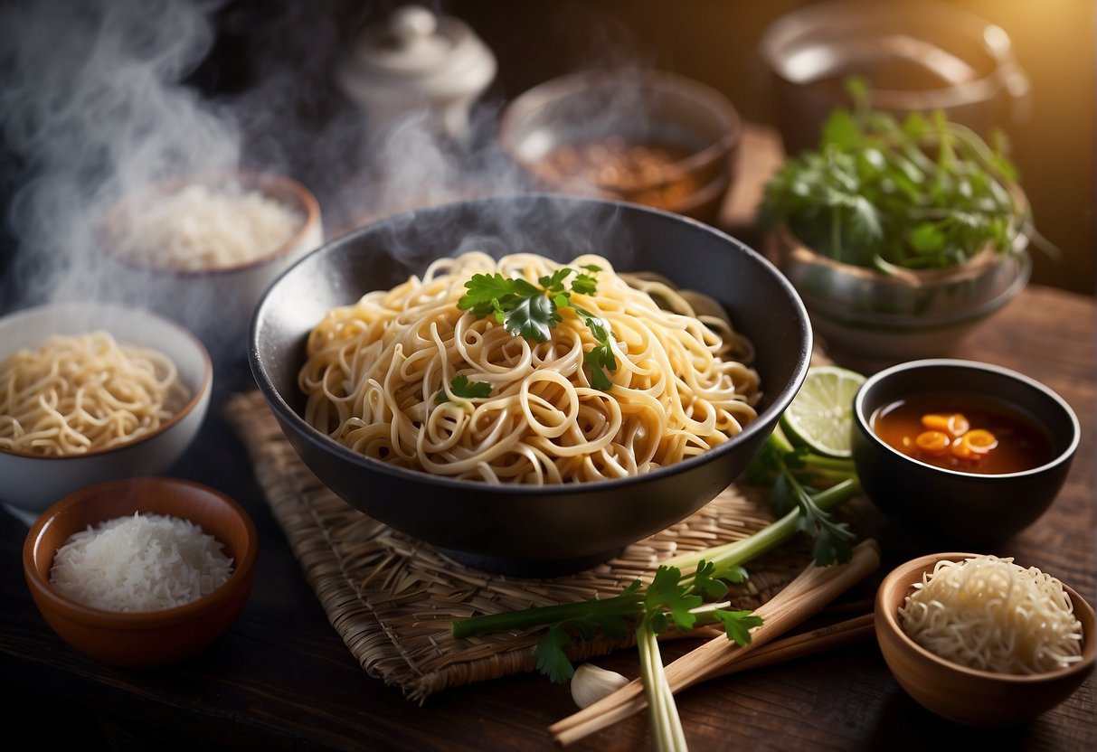 A steaming bowl of Chinese noodles surrounded by various ingredients and cooking utensils. A recipe book open to the "Frequently Asked Questions" section sits nearby
