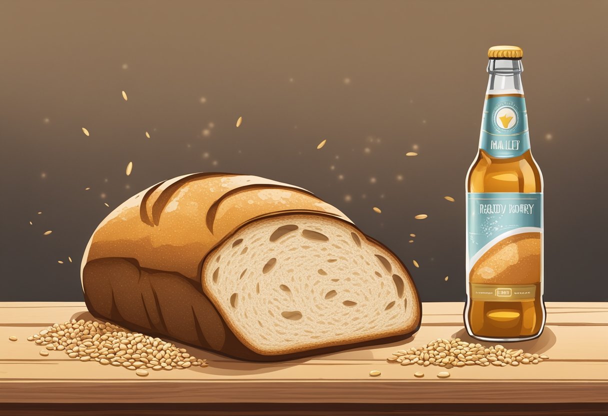 A rustic bread loaf sits on a wooden cutting board, surrounded by scattered grains of malted barley and a bottle of beer
