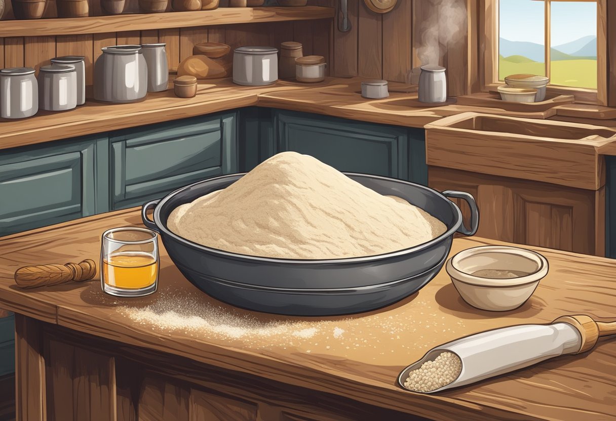 A rustic kitchen with flour, yeast, and a bottle of beer malt on a wooden table. A mixing bowl and a dough being kneaded by hand