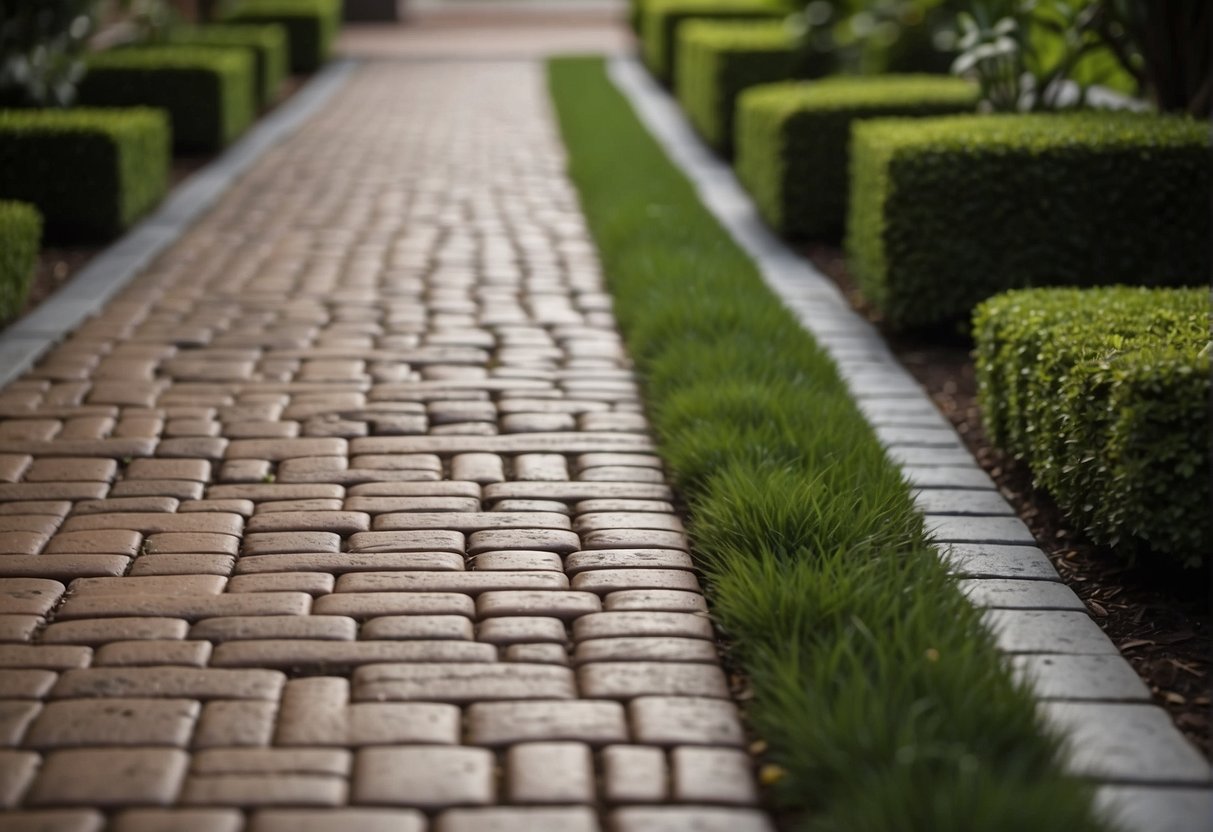 A brick paver driveway with elegant interlocking patterns, bordered by lush greenery and accented with decorative lighting