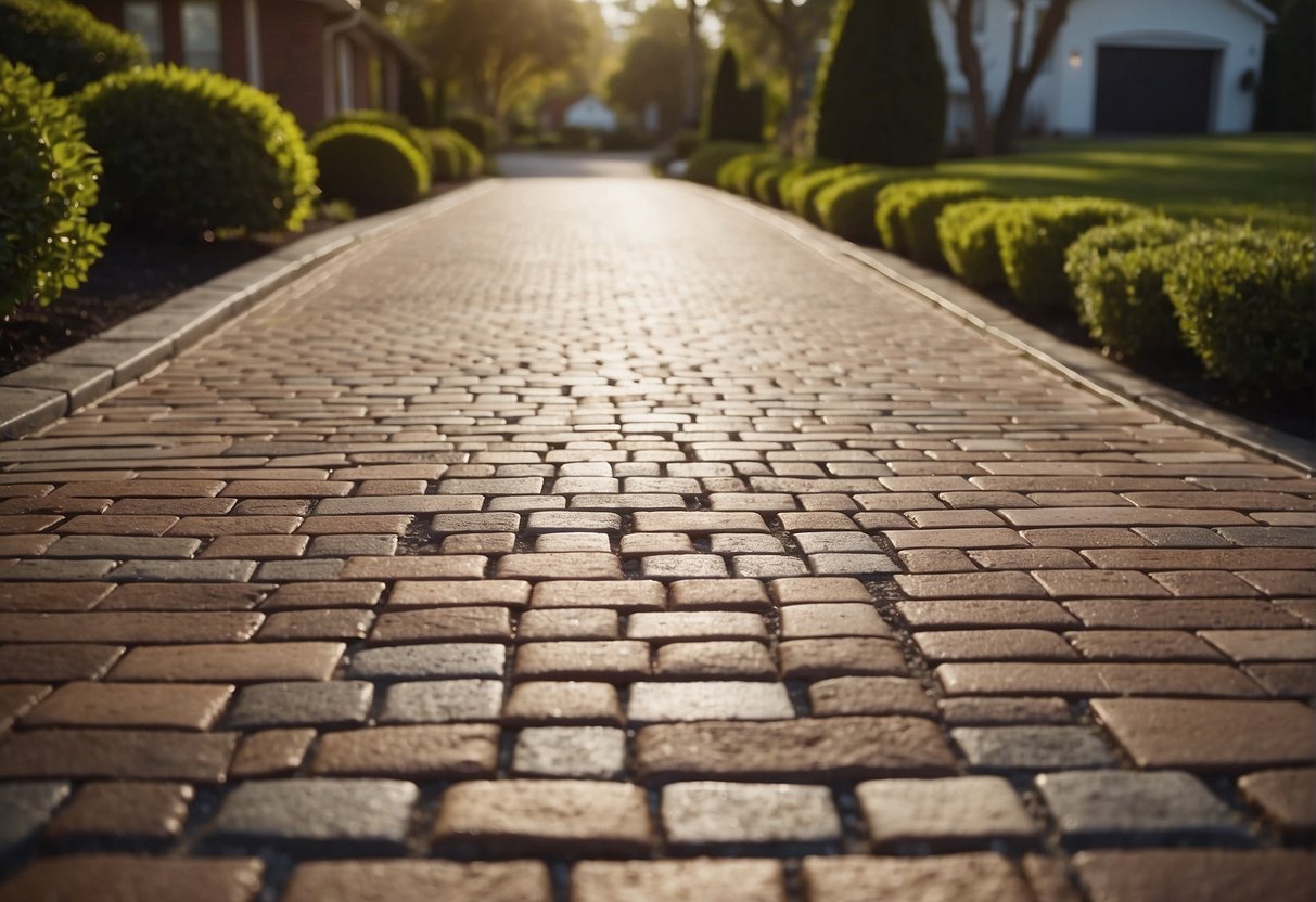 A brick paver driveway with clean lines and geometric patterns. Symmetrical layout with contrasting colors and textures. Lush landscaping and subtle lighting