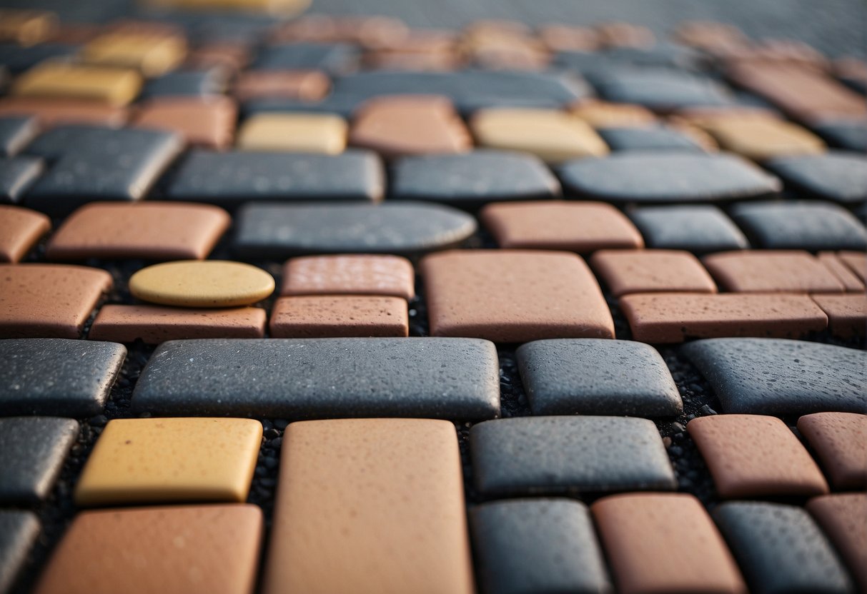 A driveway made of brick pavers, with various patterns and designs. Different shapes and colors create a visually interesting and durable surface