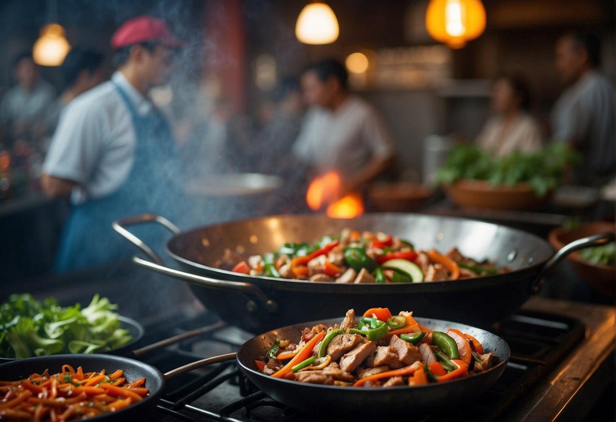 A sizzling wok stir-fries marinated pork with colorful vegetables and fragrant spices in a bustling Chinese kitchen
