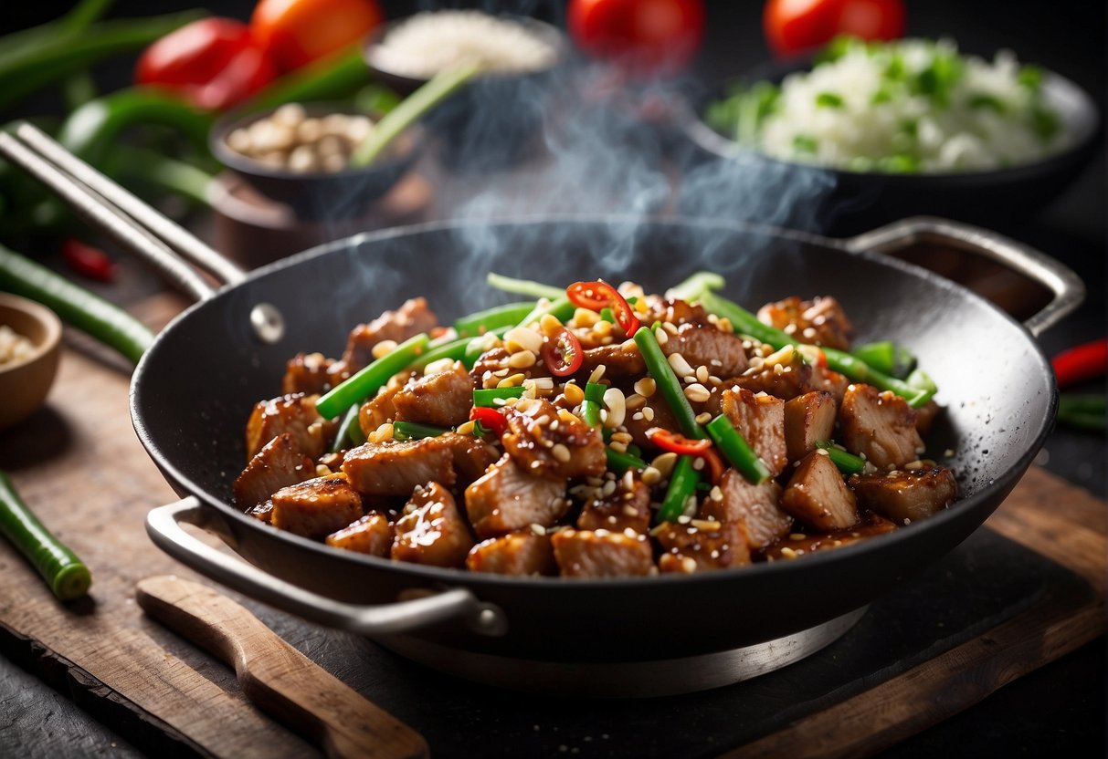 Sizzling wok with stir-fried pork, garlic, and ginger. Surrounding ingredients like soy sauce, green onions, and chili peppers