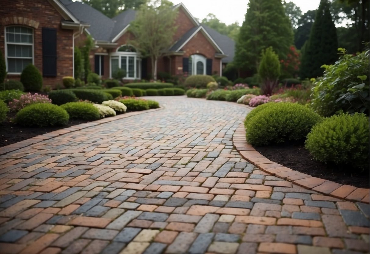 A brick paver driveway with various patterns and colors, surrounded by lush landscaping and accent lighting