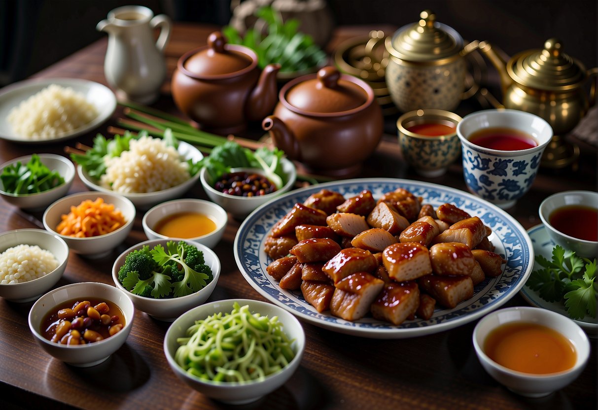 A table set with various Chinese pork dishes and accompanying sauces, with chopsticks and a tea set nearby