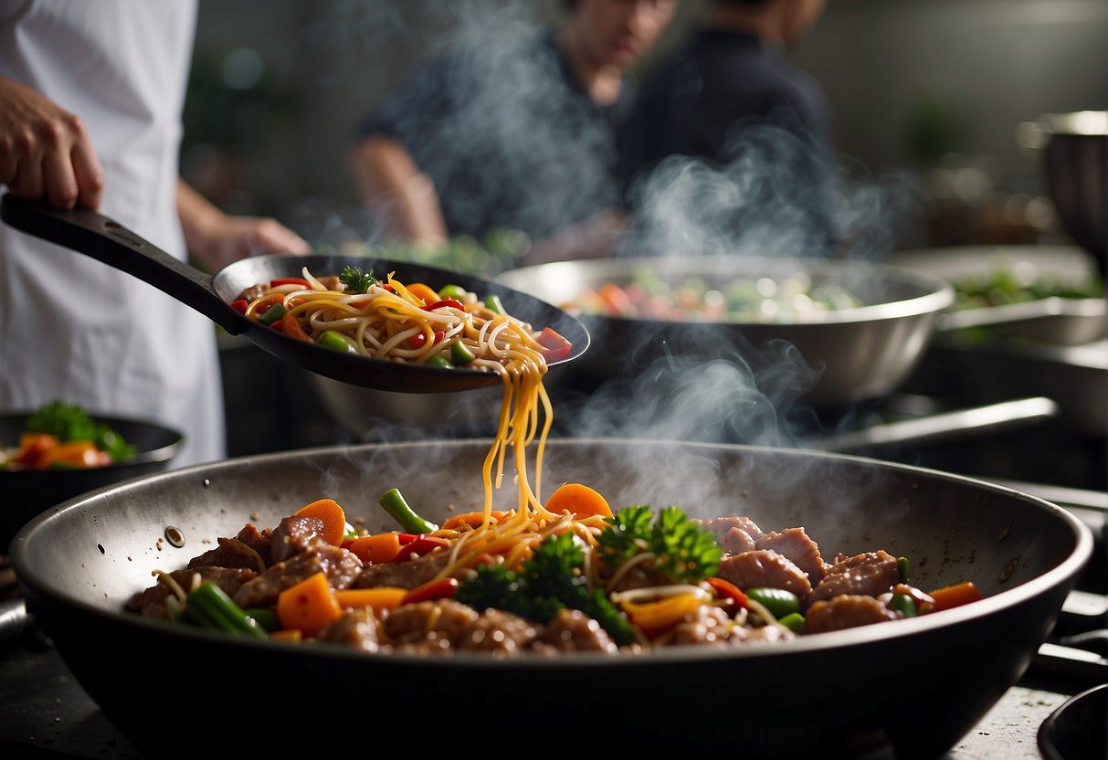 A sizzling wok tosses pork and vegetables in a bustling Chinese kitchen. A chef adds secret spices to a bubbling sauce