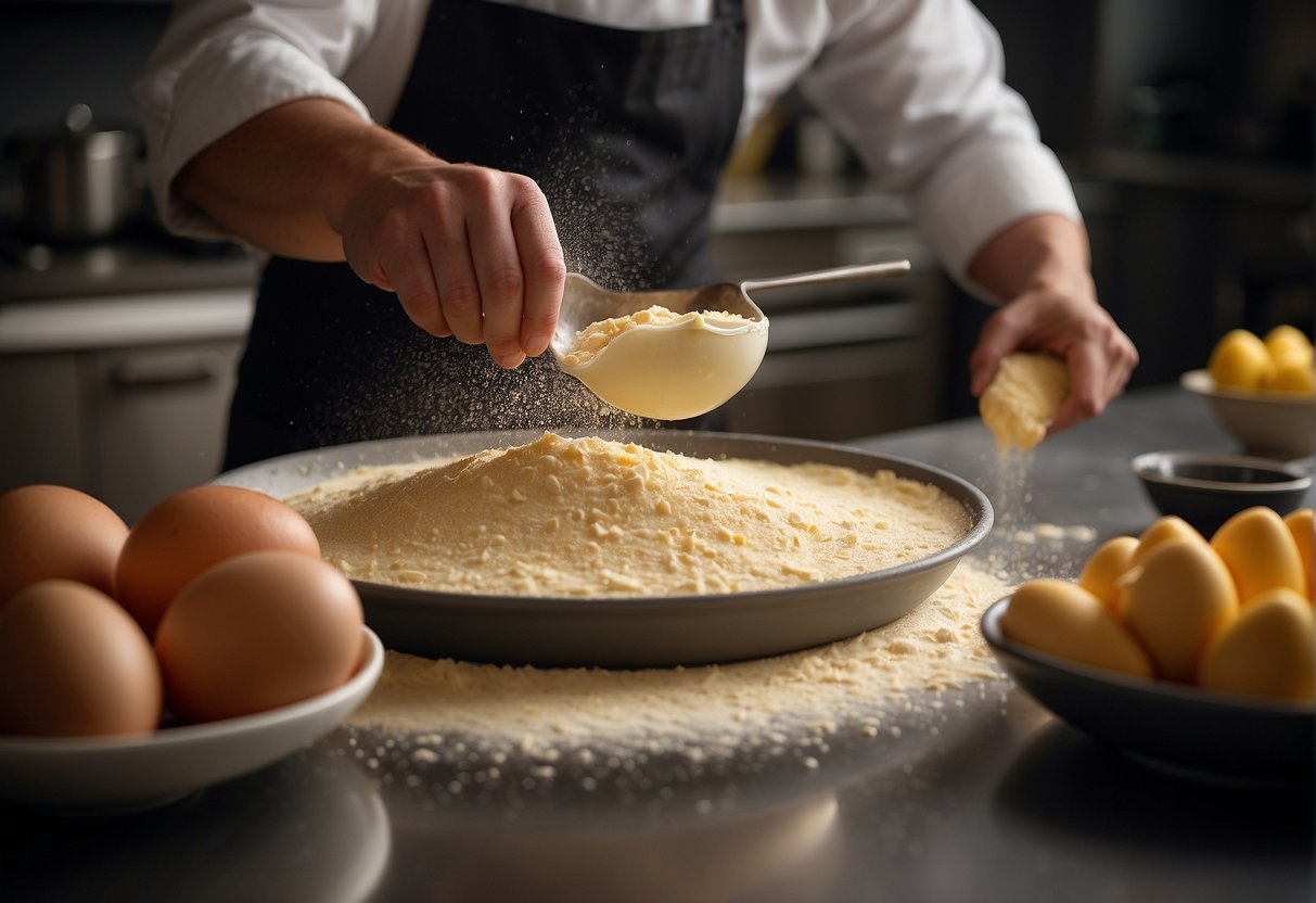 A chef mixes flour, sugar, and eggs in a large bowl. They carefully fold in a mixture of melted butter and vanilla extract. The dough is rolled out and cut into small circles before being folded around individual fortune slips
