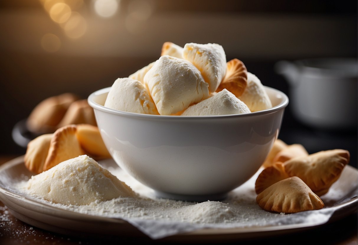 A mixing bowl filled with flour, sugar, and egg whites. A tray of folded fortune cookies ready for baking