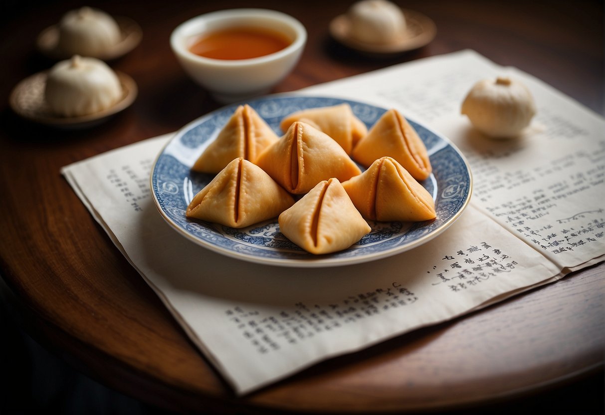 A table set with a plate of Chinese fortune cookies and a handwritten recipe, with a fortune cookie opened to reveal a fortune