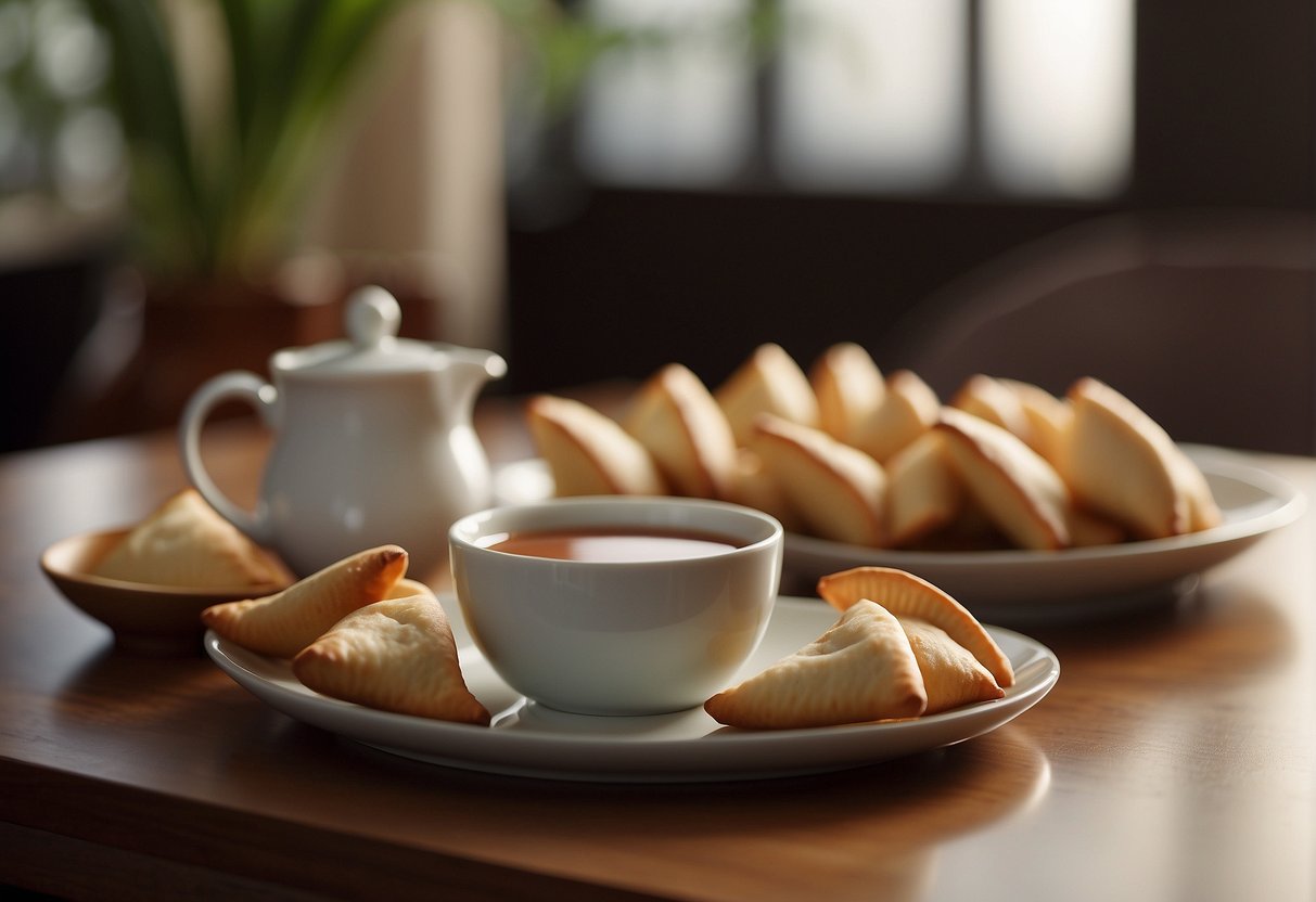 A plate of fortune cookies arranged next to a teapot and cups on a bamboo serving tray, with a small dish of dipping sauce on the side