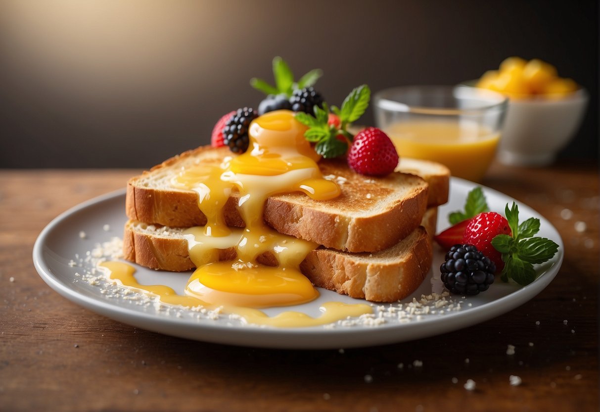 Golden-brown toast dipped in egg batter, sprinkled with sugar, and served with sweetened condensed milk and fruit