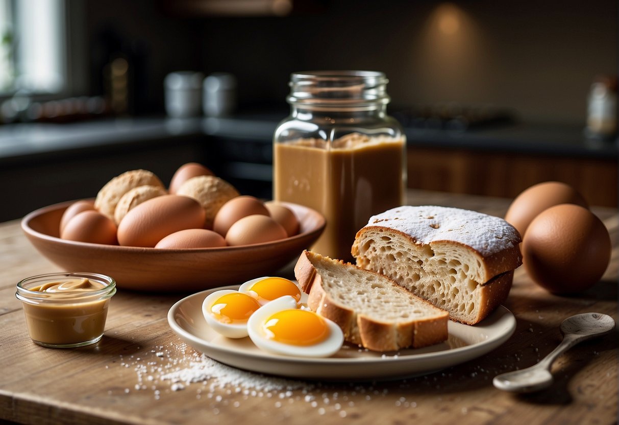 A kitchen counter with a bowl of beaten eggs, slices of bread, a bottle of vanilla extract, a jar of peanut butter, and a plate of powdered sugar