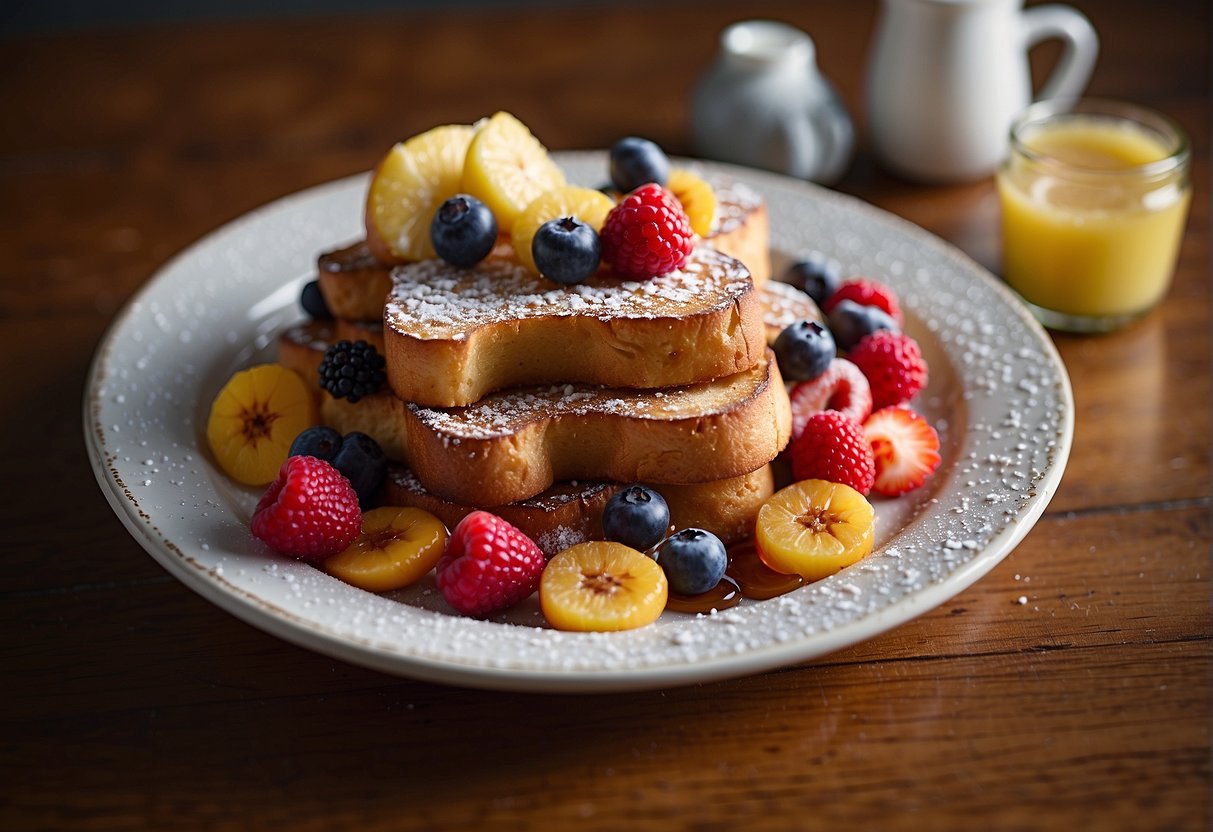 A plate of Chinese French toast with various toppings and variations, such as powdered sugar, syrup, and fruit, sits on a wooden table
