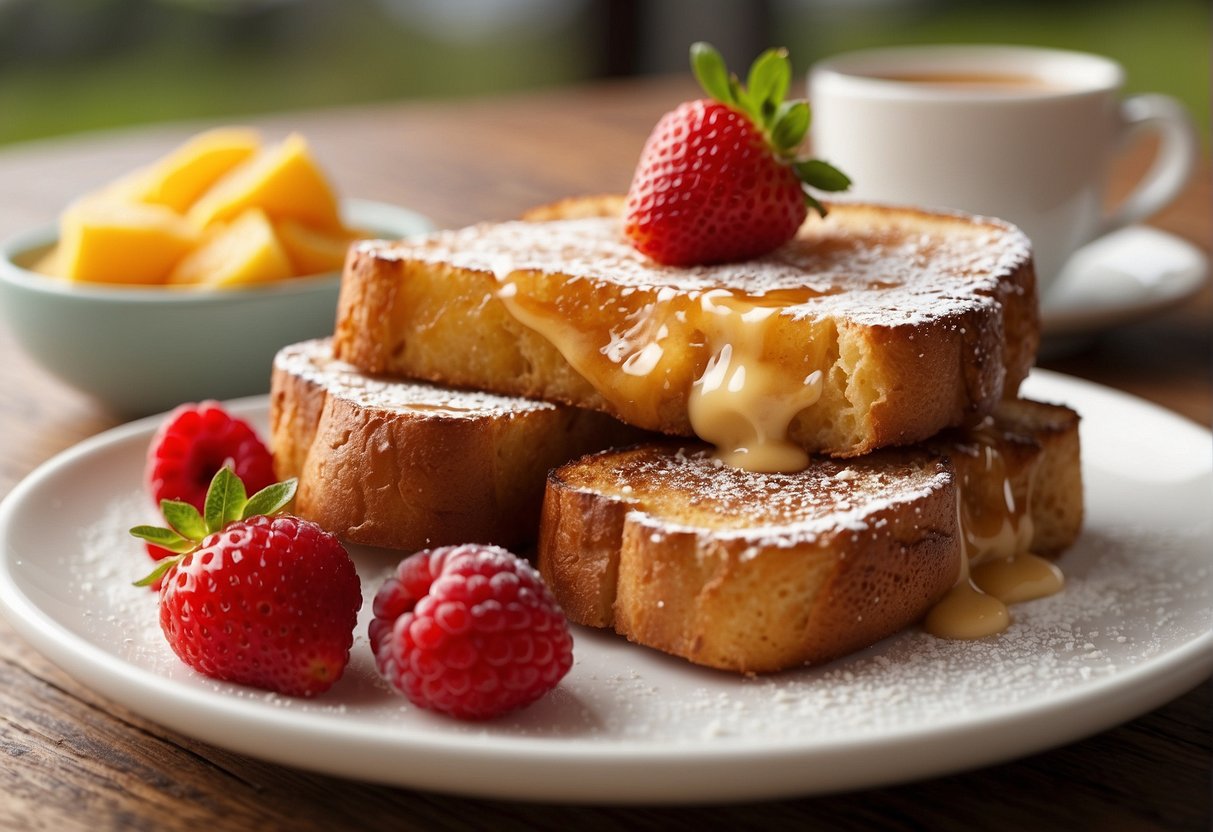 A plate of golden-brown French toast topped with a drizzle of sweetened condensed milk and a sprinkle of powdered sugar, accompanied by a side of fresh fruit