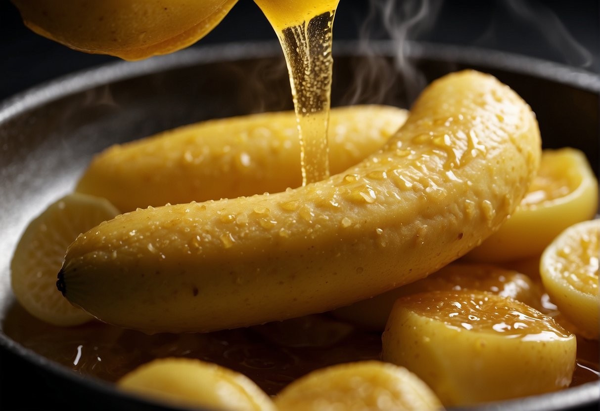 Ripe bananas being dipped in batter, then fried in hot oil. A golden, crispy exterior forms as they sizzle in the pan