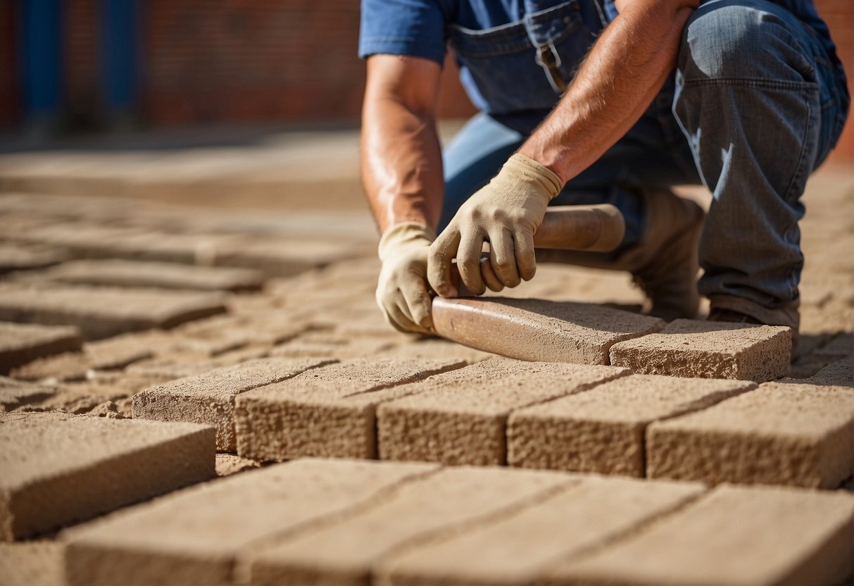 A worker lays out sand and places brick pavers in a herringbone pattern on a prepared base. A rubber mallet is used to tap the pavers into place