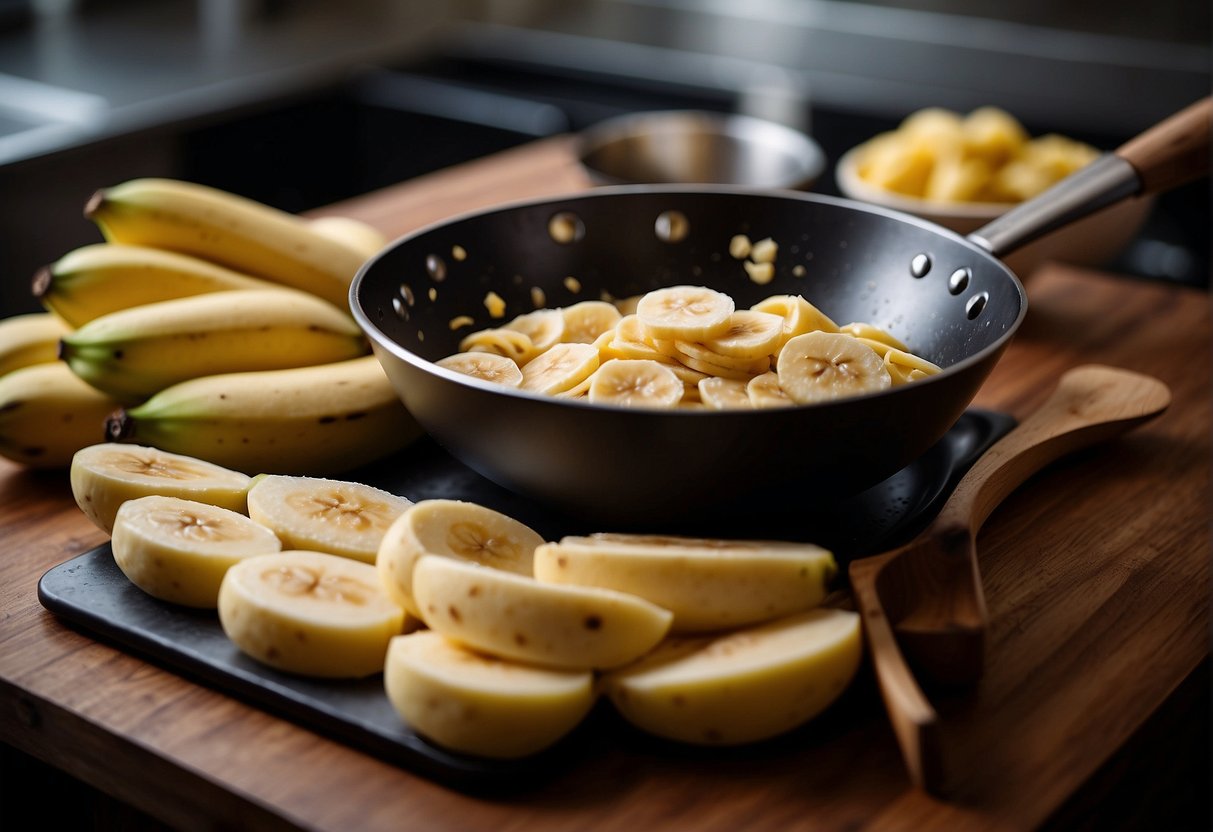 Bananas being sliced, dipped in batter, and fried in a wok. Ingredients and utensils arranged on a kitchen counter