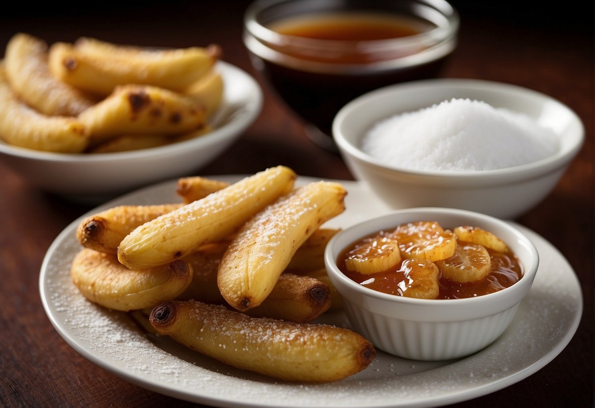 A plate of golden brown Chinese fried bananas with a dusting of powdered sugar and a side of sweet dipping sauce