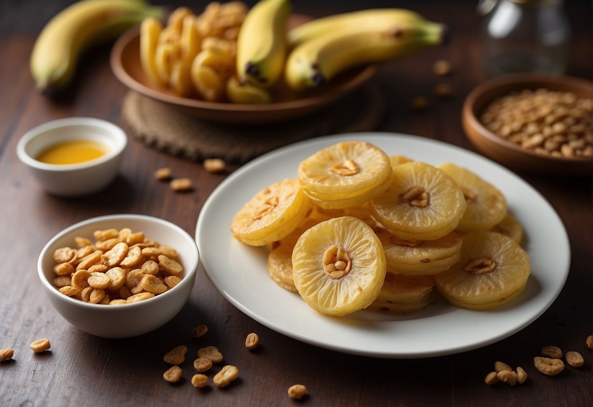 A plate of Chinese fried bananas with a side of nutritional information displayed next to it