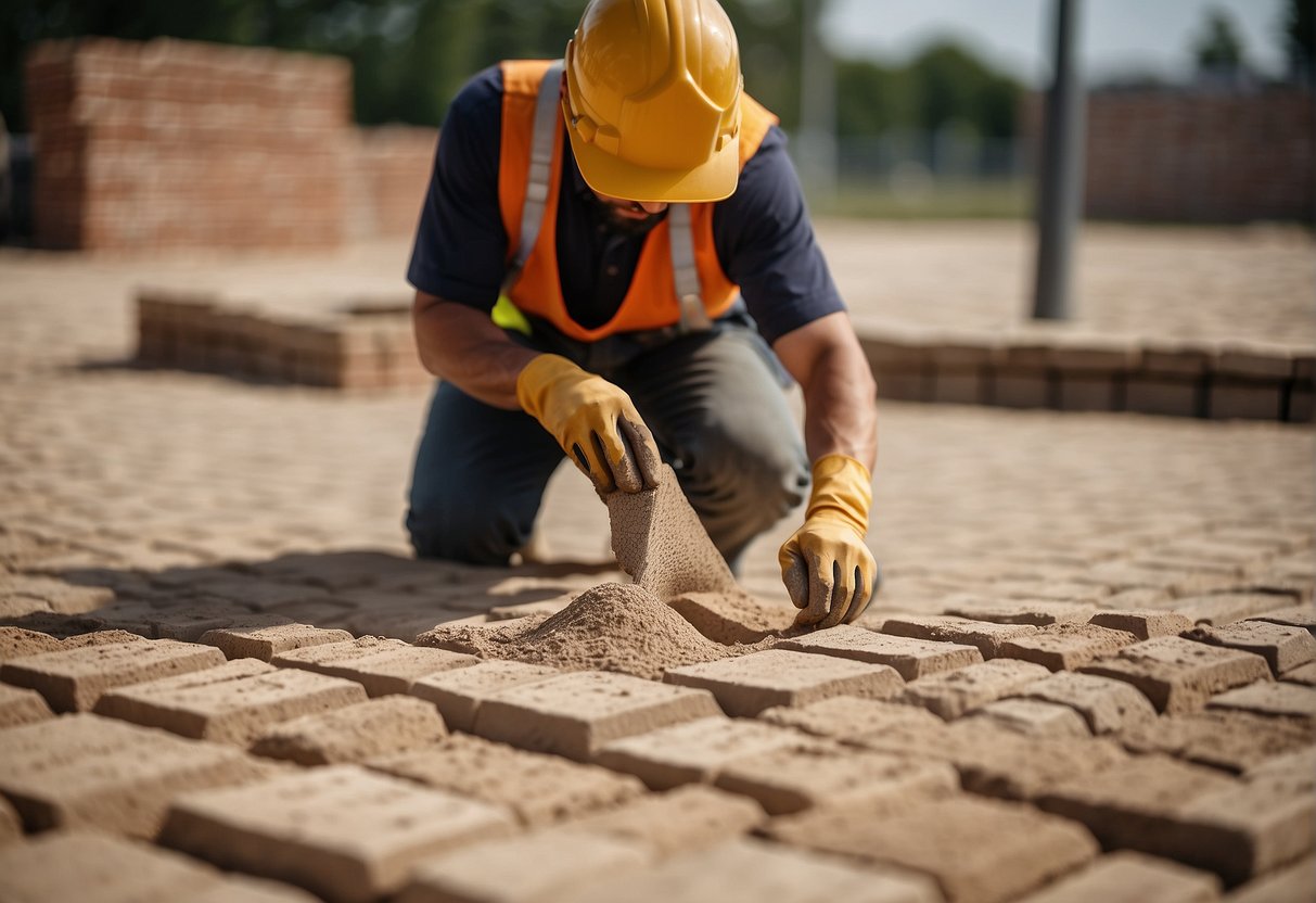 A worker lays out sand and arranges brick pavers in a precise pattern on a prepared surface