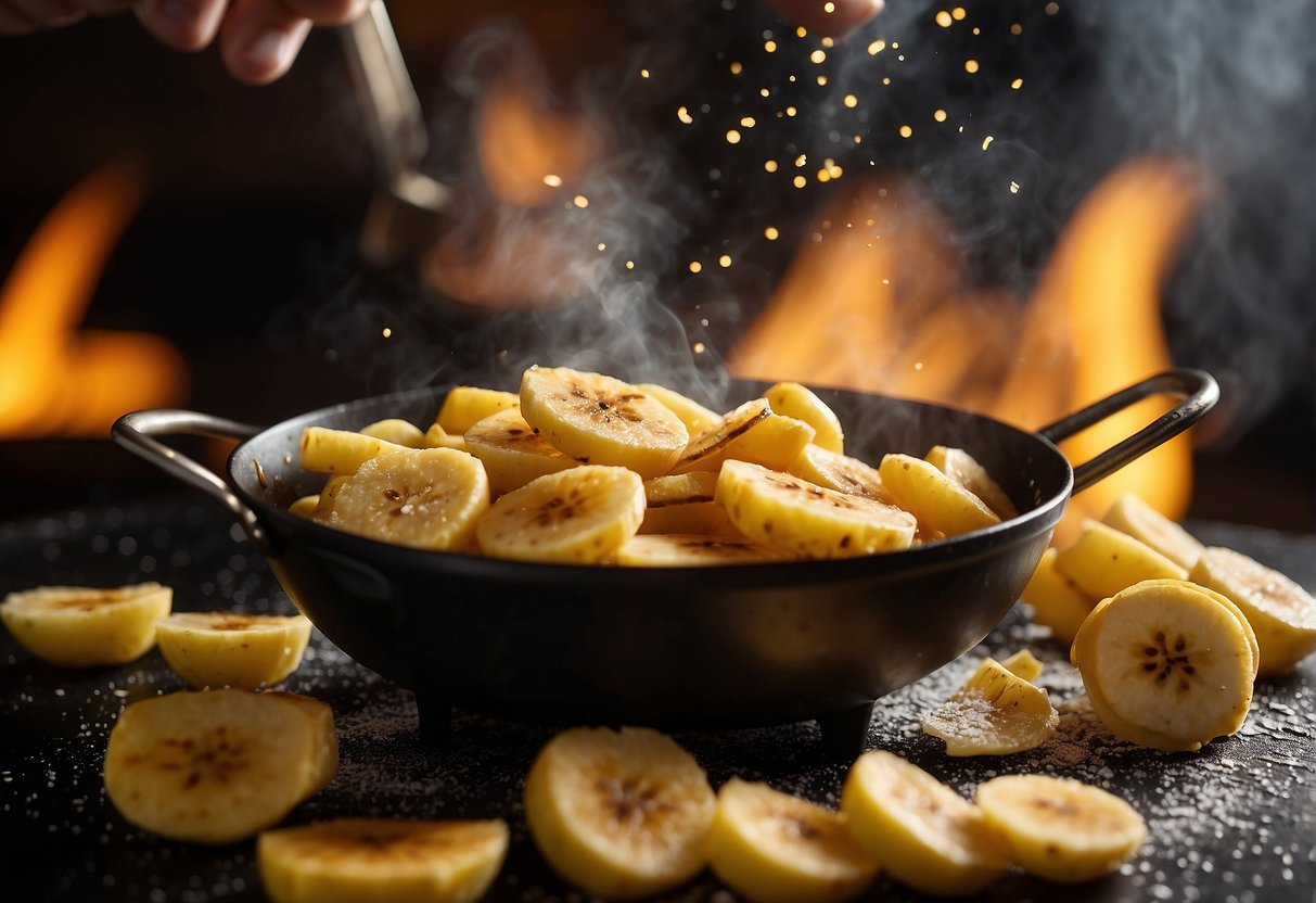 A sizzling wok fries battered banana slices, emitting a tantalizing aroma. A chef sprinkles sugar over the golden brown bananas