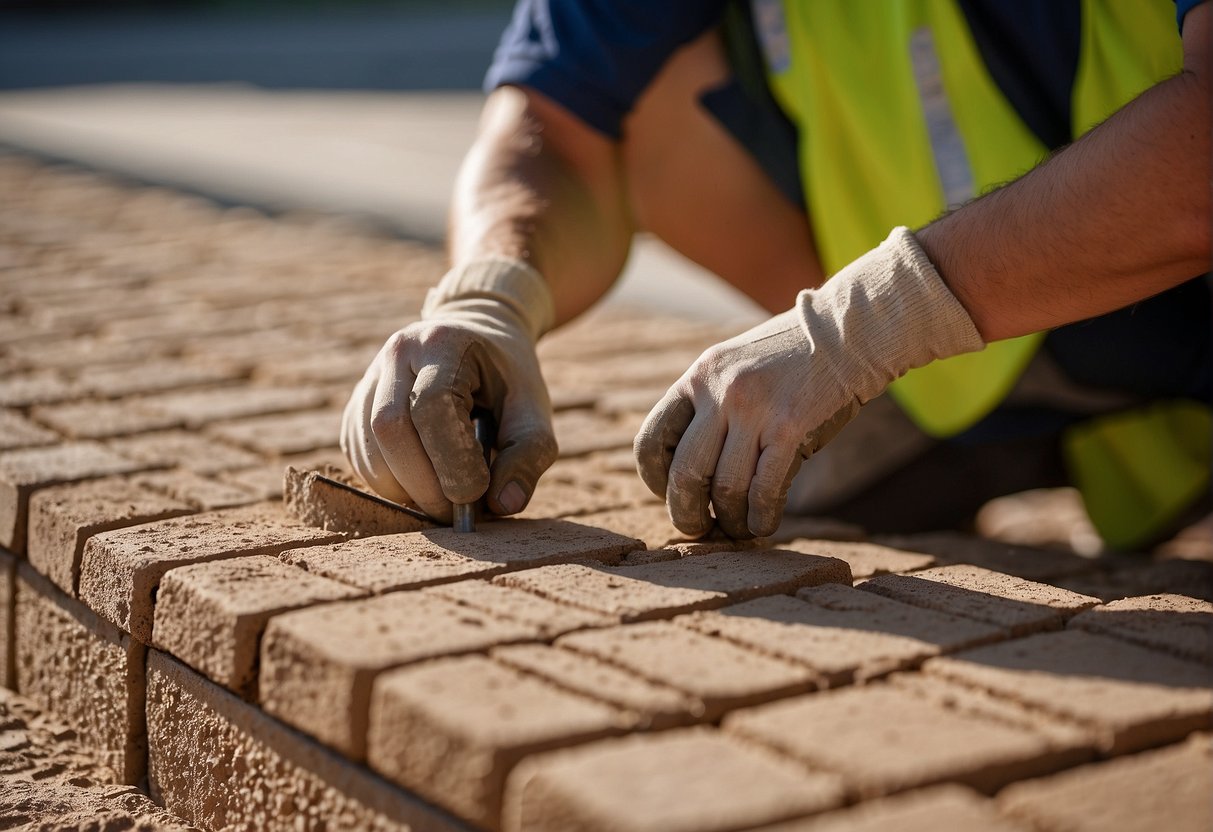 A worker lays brick pavers in a straight line on a prepared base, tapping them into place with a rubber mallet. Sand is then spread over the pavers and brushed into the joints to secure them