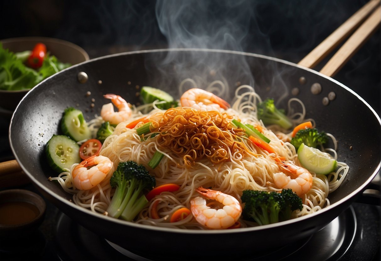 A wok sizzles with rice vermicelli, shrimp, and vegetables in a fragrant soy sauce. Steam rises as the ingredients are tossed and mixed, creating a mouthwatering Chinese fried bee hoon dish