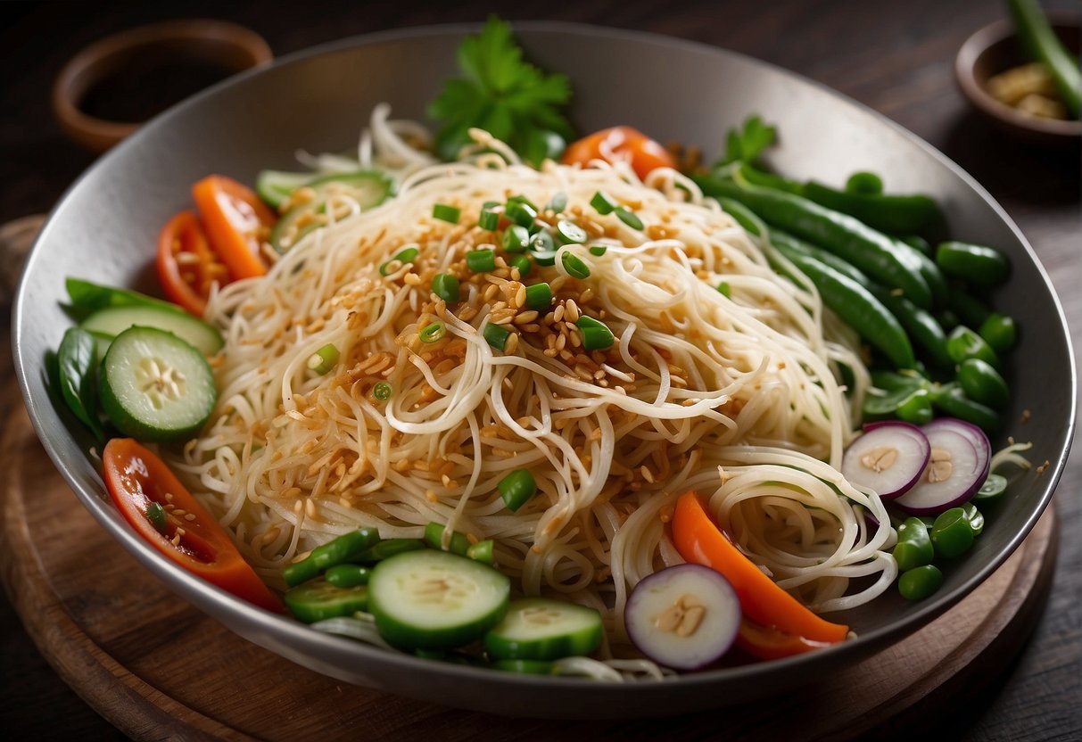 A wok sizzles with stir-fried bee hoon, surrounded by fresh bean sprouts, sliced vegetables, and fragrant spices