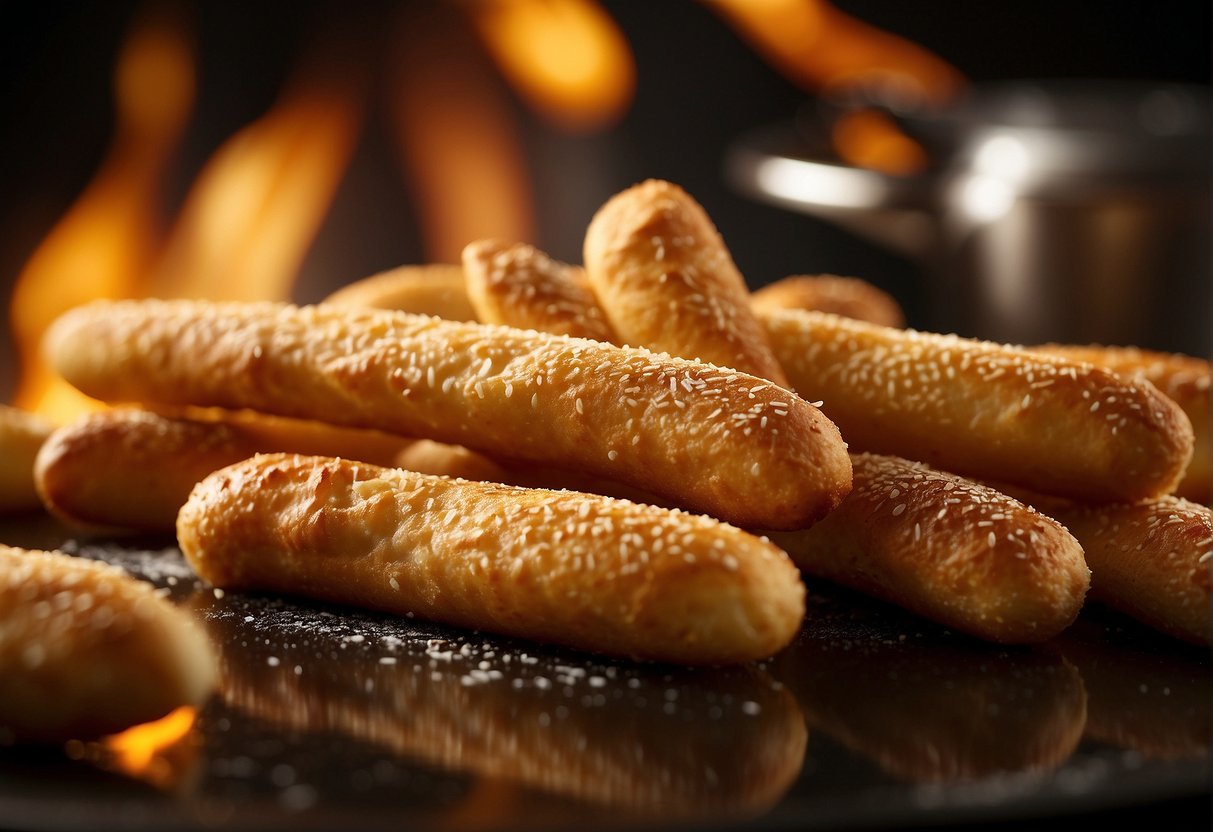 Golden brown fried breadsticks sizzling in hot oil, emitting a tantalizing aroma. Flour, water, and yeast sit nearby